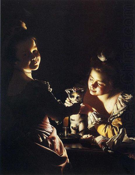 Joseph wright of derby Joseph Wright of Derby. Two Girls Dressing a Kitten china oil painting image